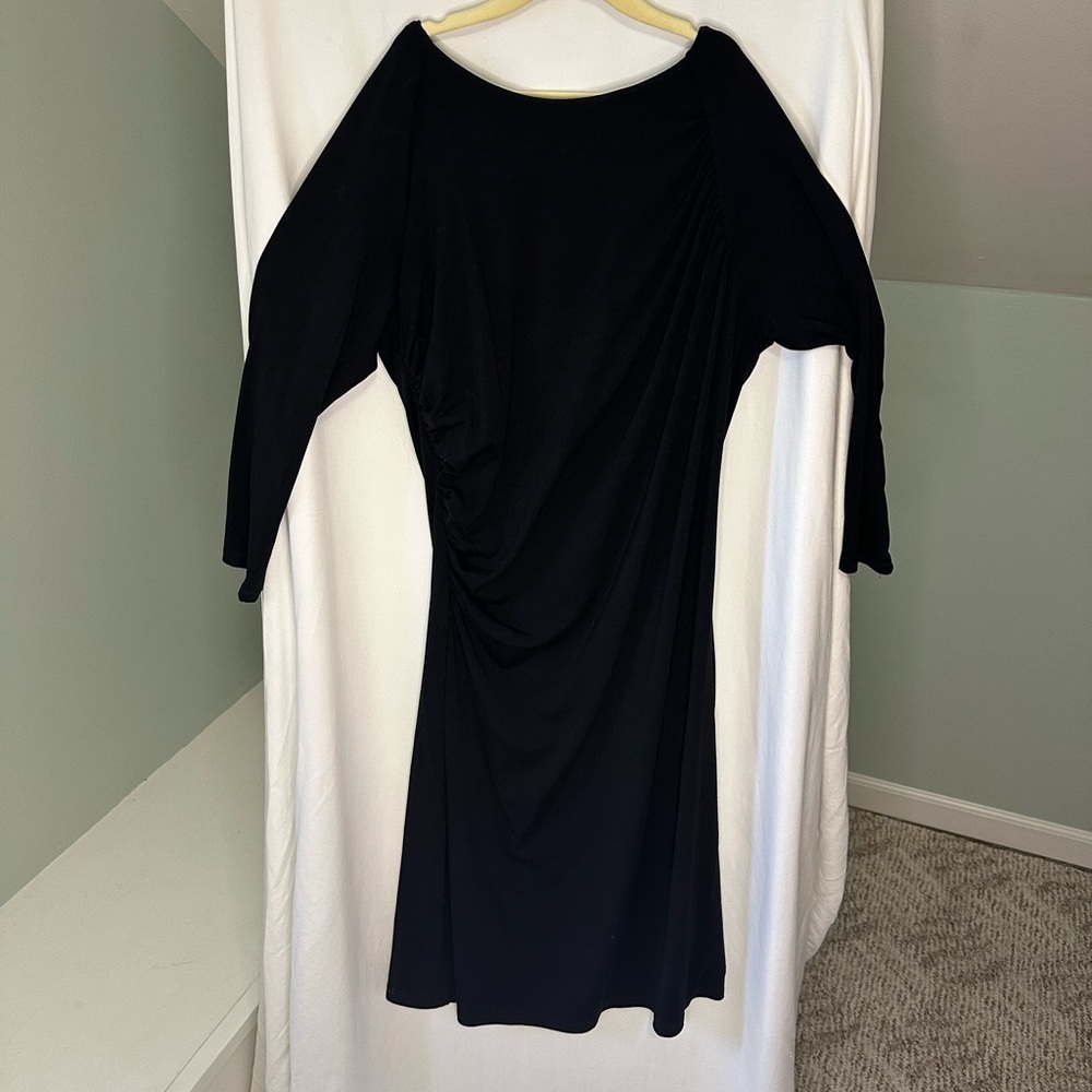 Susana Monaco Black Long Sleeve Draped Midi Dress with Boat Neck
